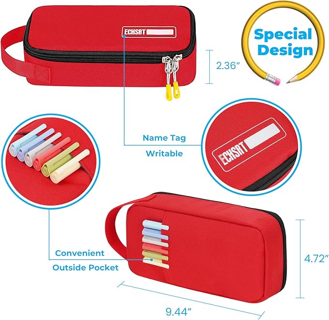 ECHSRT Big Pencil Case, Aesthetic Portable Zipper Pencil Bag with Hidden Pocket, Special Pouch for Men Women Adults, Stationery Organizer Pen Cases for Office Travel, Red-DeskLoop Office