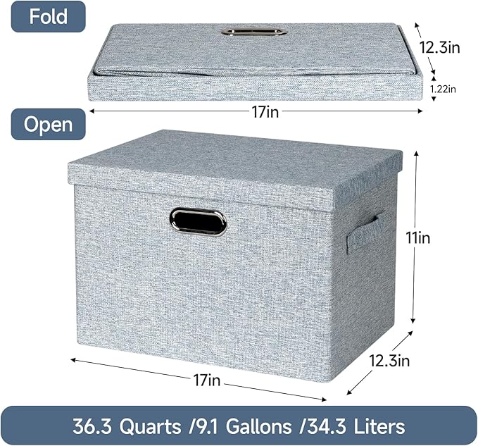 Large 17" 36 Quart Collapsible Stackable Storage Bins with Lids, 3 Packs Blue-Grey Linen Fabric Closet Boxes with Lids, Storage Cube Baskets Container Organizers for Bedroom (17x12x11)-DeskLoop Office