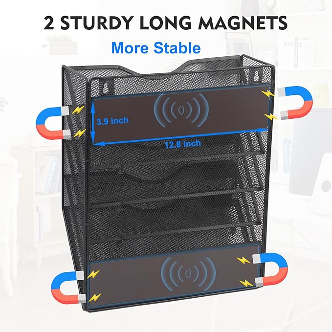 EASEPRES Magnetic 5 Pocket Mesh Hanging File Organizer, Wall Mounted Mail Paper Document Folder Holder, Clipboard Storage Organization Magazine Rack with Nametag Label for Office Home School, Black-DeskLoop Office
