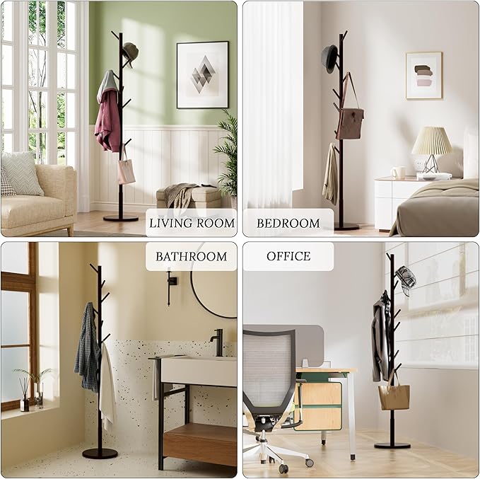 Wooden Freestanding Coat Tree with 4 Height Options and 9 Hooks, Sturdy Coat Rack Stand for Clothes/Bags/Hats, Save Space Coat Rack for Entryway, Bedroom, Office, Narrow Place (Coffee)-DeskLoop Office