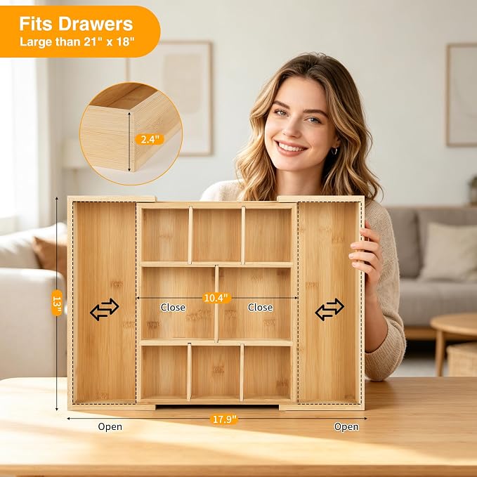 Bamboo Drawer Organizer Expandable Desk Storage Set, 10 Adjustable Compartment - Image 5