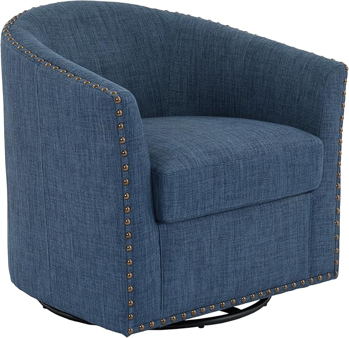 UIXE 360° Swivel Barrel Accent Chair Set of 2, Modern Upholstered Arm Chair Round Club Armchair, Nailhead Trim Single Sofa Seating in Fabric for Living Room - Blue-DeskLoop Office