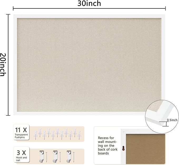 DAHAPYBOO Cork Board with Linen White, Bulletin Board 30"x20" | Hanging - Image 2