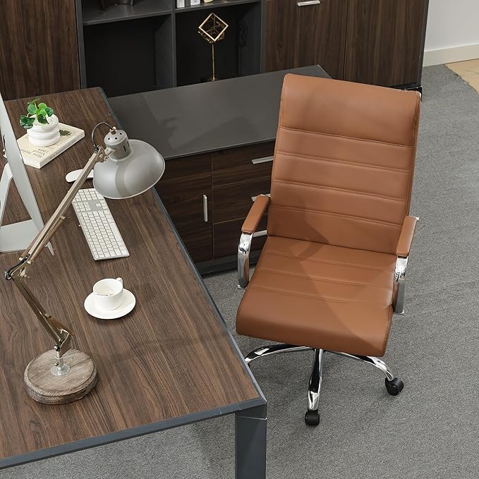 Office Desk Chair,Modern Leather Conference Room Chairs,High Back Ergonomic Home ofiice Chair,Adjustable Height Swivel Executive Computer Chairs with Padded Seat and Armrest (Brown)-DeskLoop Office