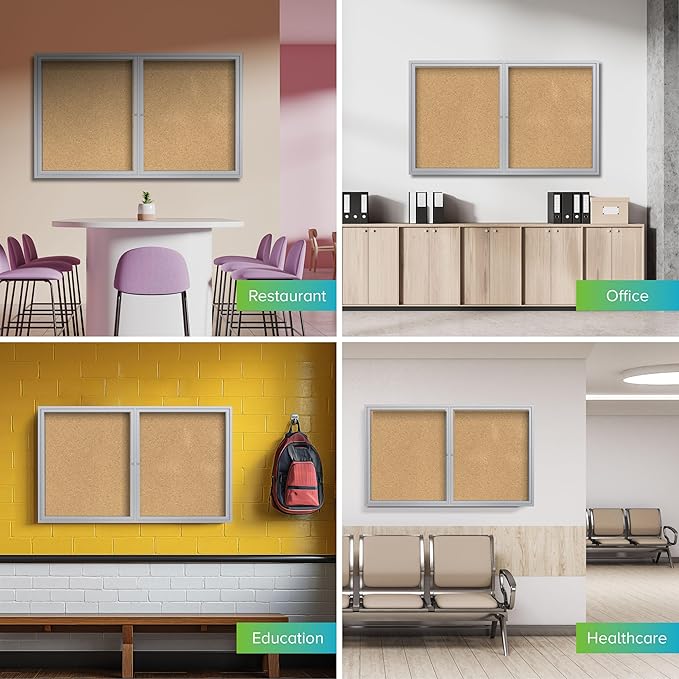 Ghent 36"x60" 2-Door indoor Enclosed Bulletin Board , Shatter Resistant, with Lock, Satin Aluminum Frame - Natural Cork (PA23660K) Made in the USA-DeskLoop Office