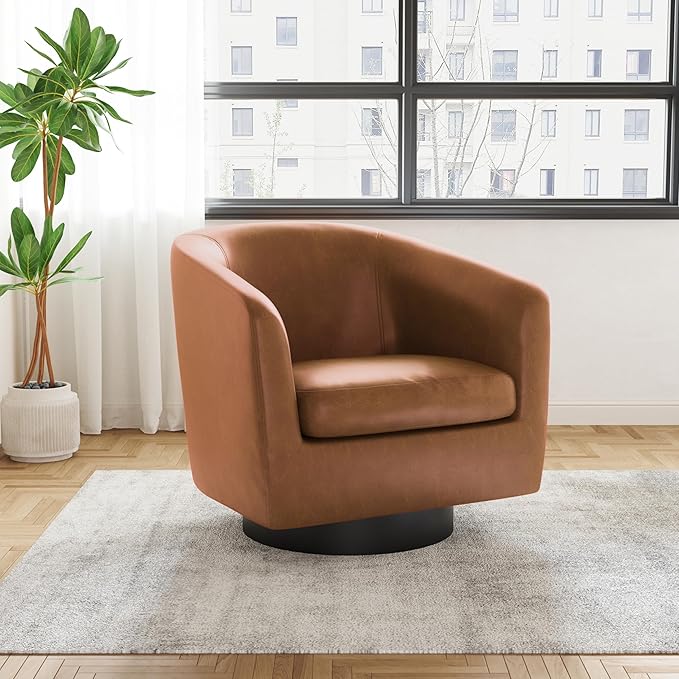 UIXE Faux Leather Swivel Accent Chairs Set of 2, Modern Upholstered Barrel Chairs for Living Room, Comfy Round Armchair Single Sofa Bedroom Reading Seat - 31" W, Brown-DeskLoop Office