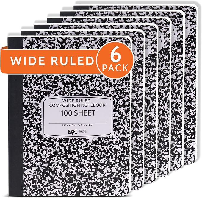 6 Pack - EPI Marble Hardcover Wide Ruled Composition Notebook | 200 Pages by EPI