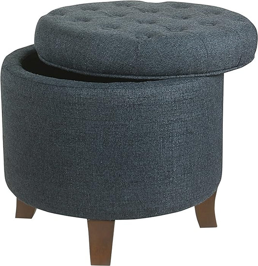 HomePop by Kinfine Fabric Upholstered Round Storage Ottoman - Velvet Button Tufted Ottoman with Removable Lid, Indigo Blue Woven-DeskLoop Office