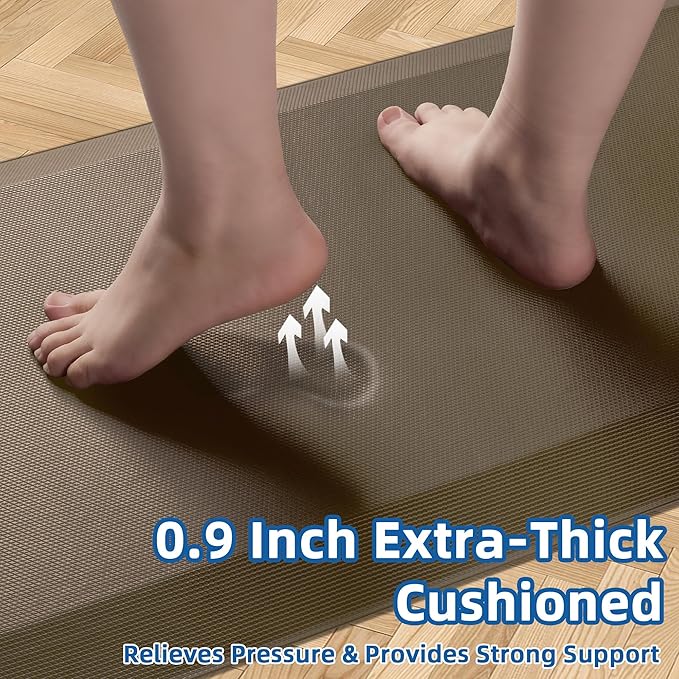 Anti Fatigue Kitchen Mats for Floor, Brown 9/10 Extra Thick Cushioned Standing Desk Mat, Comfort Memory Foam Ergonomic Kitchen Rugs and Mats Non-Slip Waterproof for Office, Kitchen, Sink, 20" x 48"-DeskLoop Office