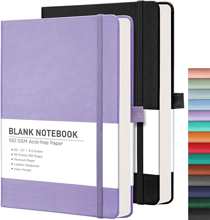 RETTACY Blank Journal Notebook, 2-Pack, 192 Pages per Pack, A5 Medium Size (5.7'' x 8.3''), Leather Hardcover, 100 GSM Thick Paper, for Sketching, Drawing, Painting (Black & Purple)-DeskLoop Office