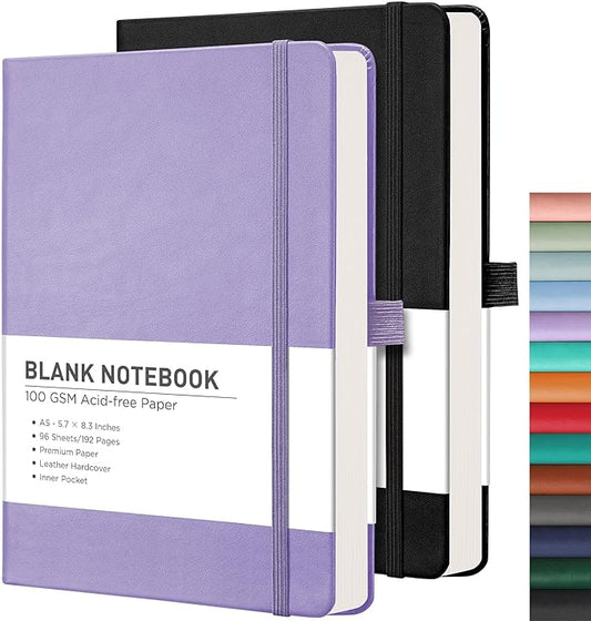 RETTACY Blank Journal Notebook, 2-Pack, 192 Pages per Pack, A5 Medium Size (5.7'' x 8.3''), Leather Hardcover, 100 GSM Thick Paper, for Sketching, Drawing, Painting (Black & Purple)-DeskLoop Office