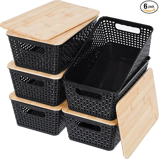 Anywish Storage Bins with Lids 6 Packs, Plastic Storage Bins with Bamboo Lids by Anywish