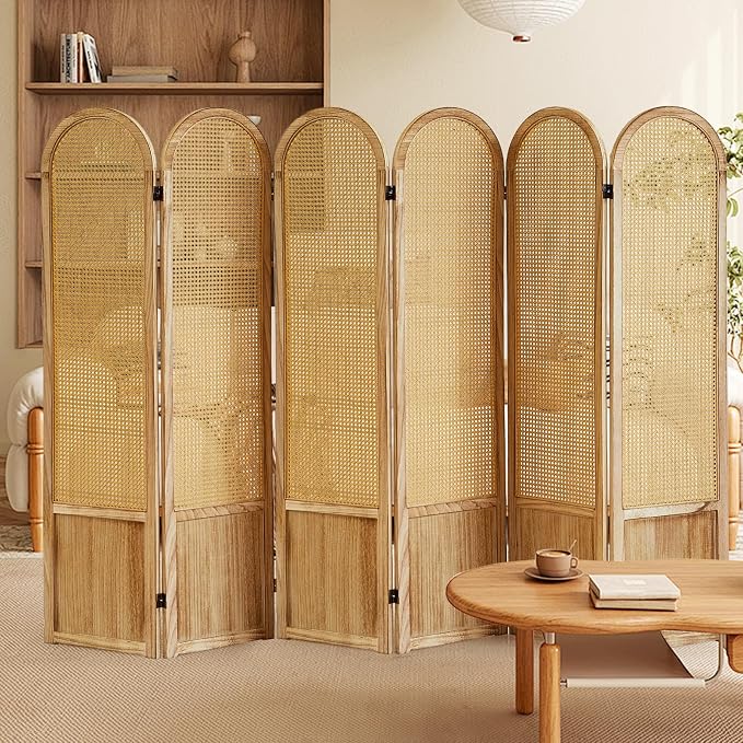 Asnefeli 6 Panels Room Divider, Folding Privacy Screen, Foldable Wood Rattan - Image 7
