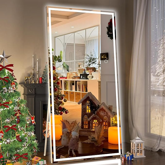 Hasipu Full Length Mirror with Lights, 79" x 32" LED Lighted Floor Standing Mirror, Full Body Dressing Hanging Mounted Mirrors, Dimmable, Tempered Glass, Safe to Use, Square White-DeskLoop Office