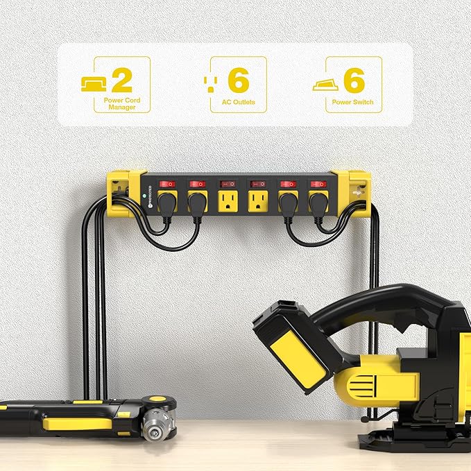 Heavy Duty Power Strip - 6 Outlet Power Strip with Individual Switches Cord Manager Surge Protector 1200J Home Office Garage Industrial Workbench-DeskLoop Office