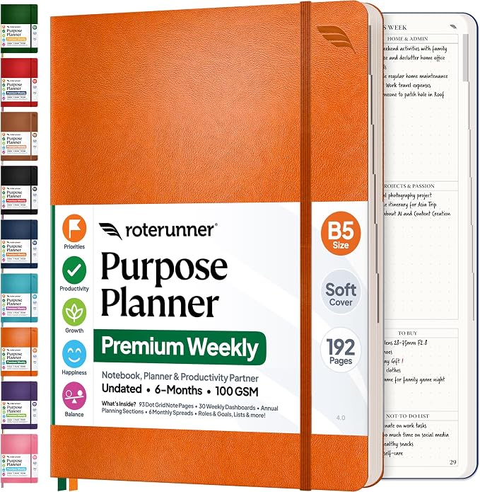 Roterunner Purpose Planner Notebook B5 5.8”x8.3” Undated 2026 Daily Weekly and by Roterunner