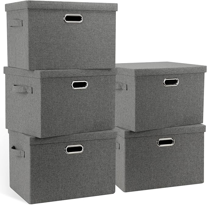 Large 17" 36 Quart Collapsible Stackable Storage Bins with Lids, 5 Packs Gray Foldable Fabric Closet Storage Boxes with Lids, Heavy-duty Linen Cube Baskets(17 x 12 x 11)-DeskLoop Office