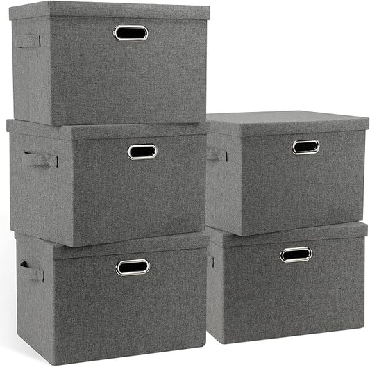 Large 17" 36 Quart Collapsible Stackable Storage Bins with Lids, 5 Packs Gray Foldable Fabric Closet Storage Boxes with Lids, Heavy-duty Linen Cube Baskets(17 x 12 x 11)-DeskLoop Office