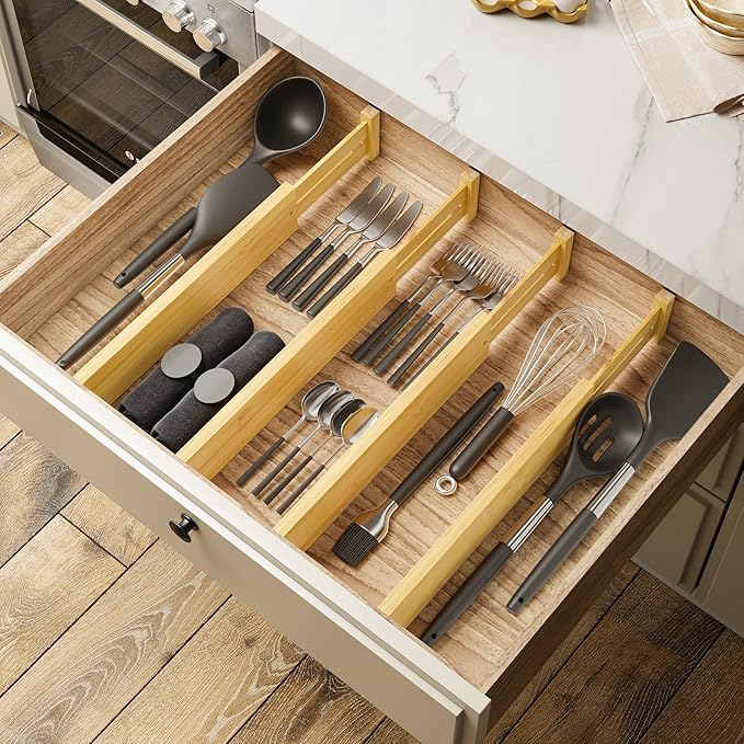 BAMEOS 4 pcs 3" High Bamboo Drawer Dividers Adjustable Drawer Organizer Expandable Drawer Organization Utensil Organizers for Kitchen Dresser Bathroom Bedroom and Office-DeskLoop Office