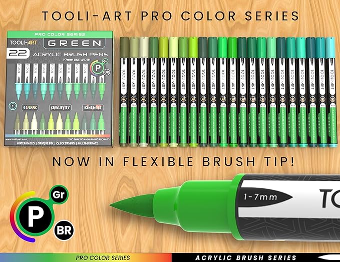 22 Flexible Brush Tip Acrylic Paint Pens Markers Set 1-7mm Line for Rock Painting, Brush Lettering, Glass, Mugs, Wood, Metal, Canvas, Fabric, Plastic. Non Toxic Waterbased Quick Drying Assorted Green-DeskLoop Office