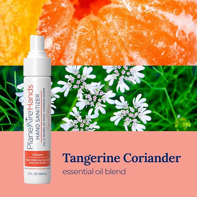 Travel Essentials | Hygiene Kit | Travel Toiletry Kit | Travel Size | Spray Hand Sanitizer Tangerine Coriander Scent | Surface Wipes | Individual Travel Wipes | Surface Cleaner | With Essential Oils
