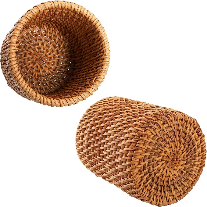 Okllen 2 Pack Rattan Pencil Holder, Handmade Wicker Pen Cup Makeup Brushes - Image 3