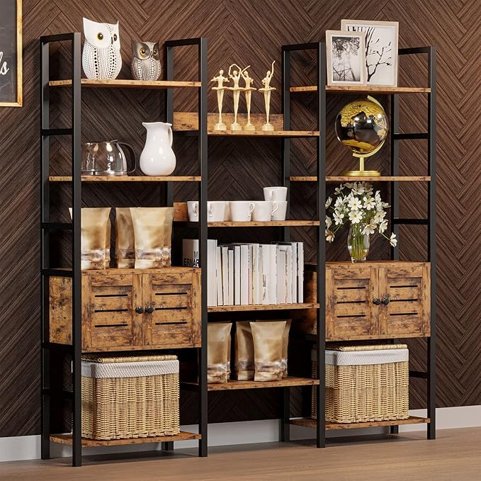 IRONCK Industrial Bookshelf and Bookcase with 2 Louvered Doors 5 Tiers Triple Wide Display Shelf with Storage Cabinet for Living Room Home Office-DeskLoop Office