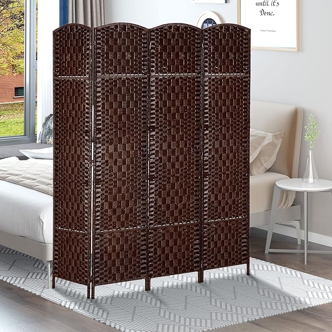 NicBex Room Divider 4 Panel Room Dividers with Woven Rattan Design Partition Room Dividers and Folding Privacy Screens 6 FT Wall Divider for Office, Room Separation,70.75"W x 0.75"D x 70.75"H, Brown-DeskLoop Office