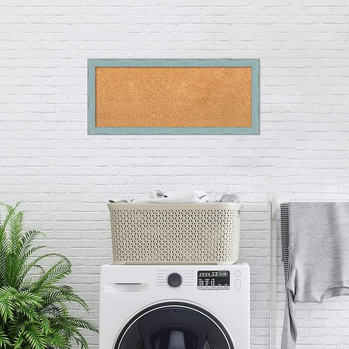 Amanti Art Natural Cork Board for Wall, 14x32 Vision Board with Blue Wood Frame, Medium Corkboard Office Decor for Home Organization, Rustic Farmhouse Corkboard Pinboard to display items for home-DeskLoop Office