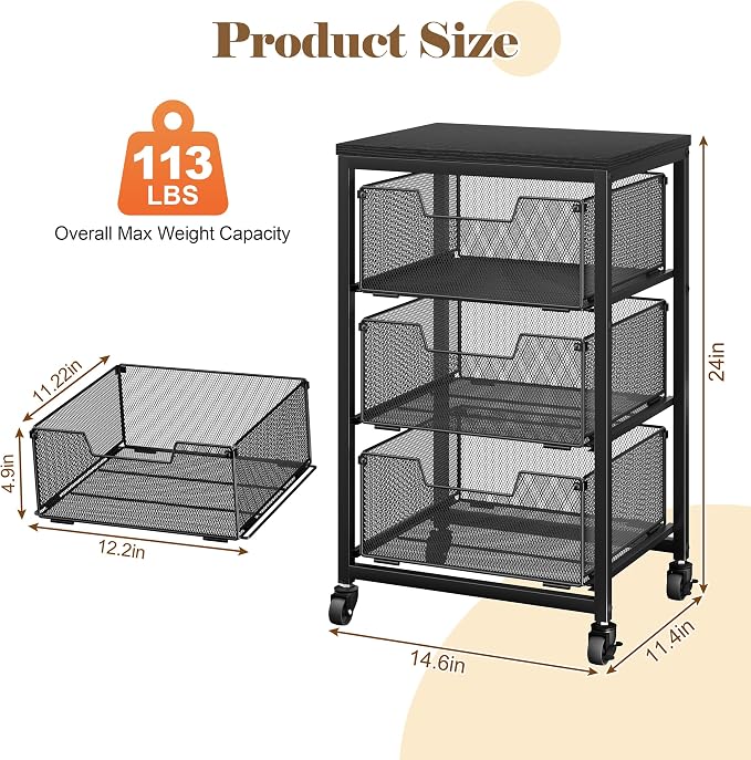 Under Desk Storage Cart with Lockable Wheels, 3-Drawer Rolling Storage Cart - Image 2