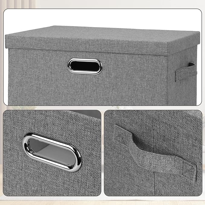 Large 17" 36 Quart Collapsible Stackable Storage Bins with Lids, 1 Pack Grey Foldable Fabric Closet Storage Boxes with Lids, 4 Handles Heavy-duty Linen Cube Baskets for Bedroom-DeskLoop Office