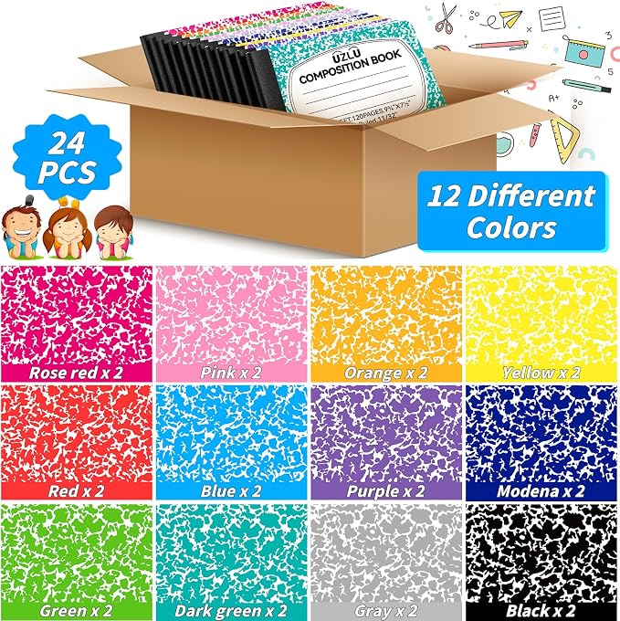 24 Pack 9.75 x 7.5 in Large Composition Notebooks Bulk 12 Color Wide Ruled - Image 3