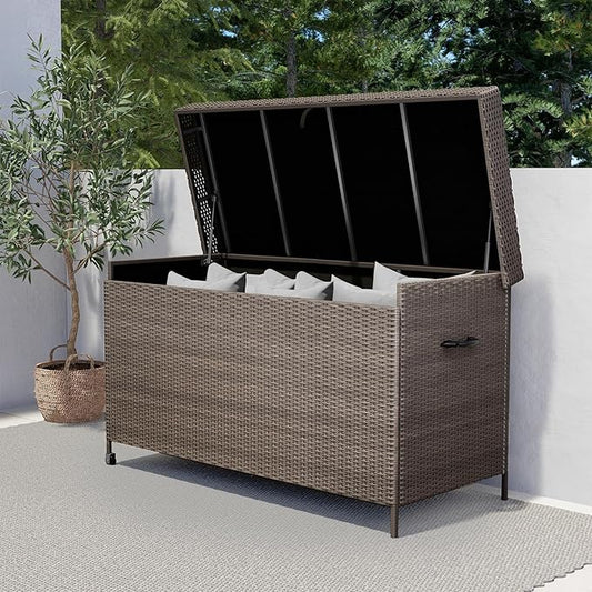 Grand patio 170 Gallon Deck Storage Box Deck Box Outdoor Storage Box Indoor Wicker Storage Bin Patio Storage Box for Patio Furniture Cushions Garden Tools Pool Accessories, Light Brown-DeskLoop Office