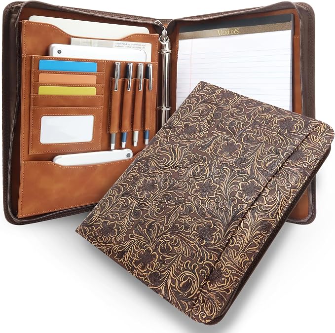 Western Vintage Floral Embossed Faux Leather Zippered Padfolio by FORTAVEM