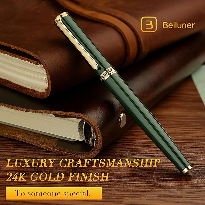BEILUNER British Racing Green Fountain Pen,Stunning Luxury Pens with 24K Gold Accents, Gorgeous 24K Gilded Nib(Fine), Ink Converter,Fancy Pen Gift for Men&Women-Smooth, Office, Nice for Writing