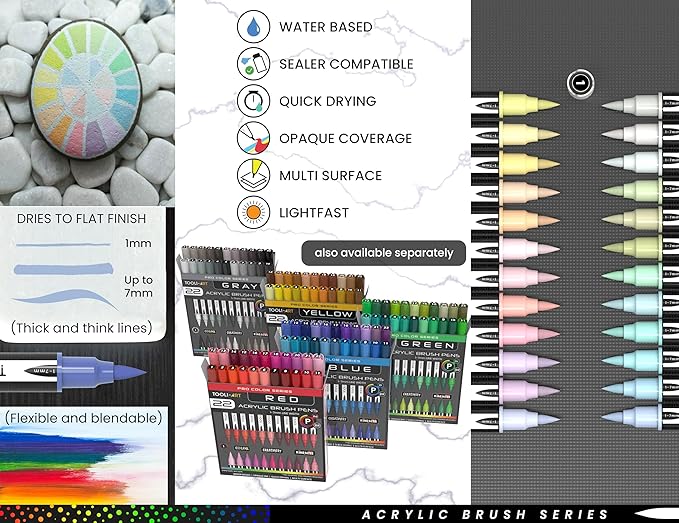 24 Flexible Brush Tip Acrylic Paint Pens Markers Set 1-7mm Line for Rock Painting, Brush Lettering, Glass, Mugs, Wood, Metal, Canvas, Fabric, Plastic Non Toxic Waterbased Quick Drying Assorted Pastel-DeskLoop Office