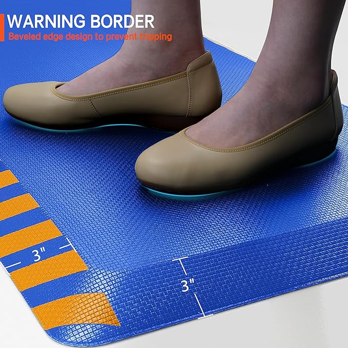 FEATOL Anti Fatigue Mats Industrial 2 Packs, Ergonomic Standing Floor Mat for Work for Stand, Blue with Yellow Border Safety 20" x 59"-Support for Leg & Back Pain-DeskLoop Office