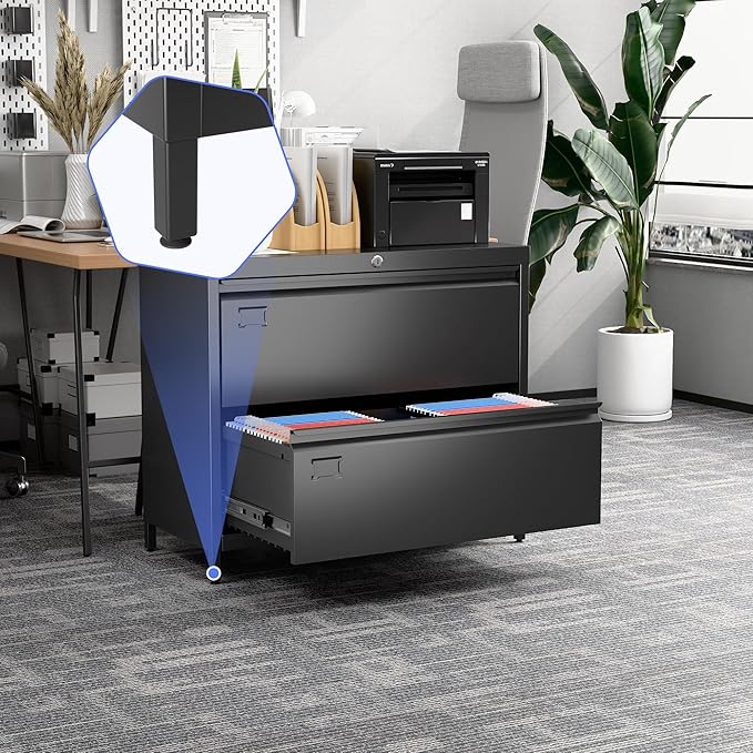 Metal 2 Drawer Lateral File Cabinet with Lock & Adjustable Feet - Wide Filing Cabinet for Letter/Legal/F4/A4 Hanging Files - Includes Business Card Holder,Home Office School Storage,Black-DeskLoop Office
