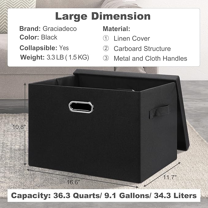 Large 17" 36 Quart Collapsible Stackable Storage Bins with Lids, 5 Packs Black Linen Fabric Closet Boxes with Lids, Storage Cube Baskets Container Organizers for Bedroom Office(17 x12 x11)-DeskLoop Office
