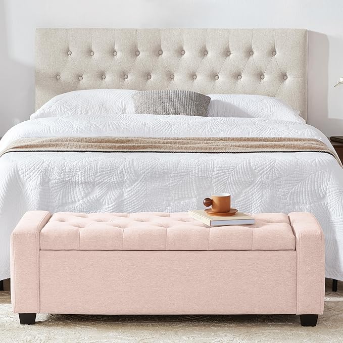 48" Ottoman with Storage, Pink Storage Ottoman Bench with Safety Hinge, Upholstered Entryway Bench with Seating for Bedroom, Living Room, Holds up to 330 lb-DeskLoop Office