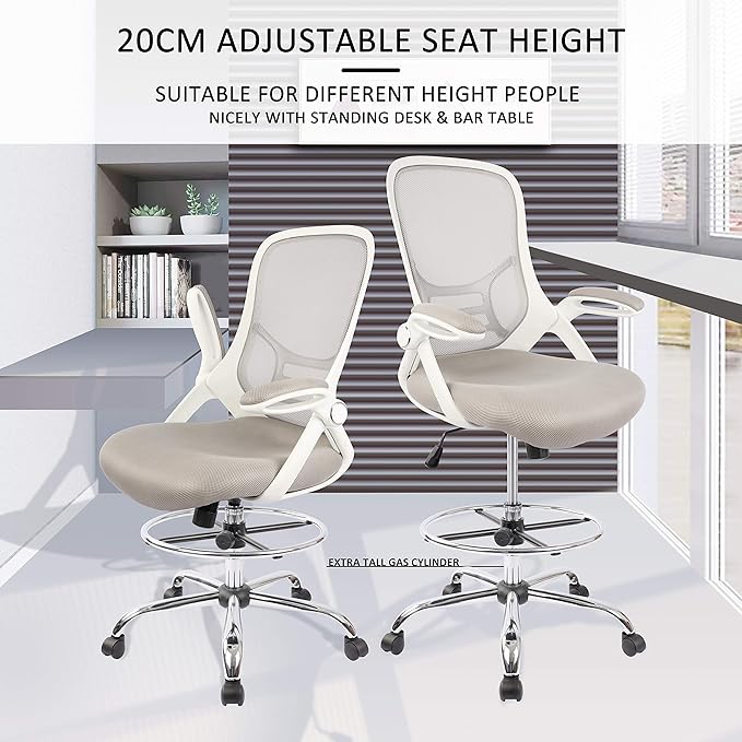 HYLONE Drafting Chair, Tall Office Chair Standing Desk Stool with Adjustable Foot Ring, Flip-Up Arms, Mesh High-Back Drafting Table Chair, White & Grey-DeskLoop Office