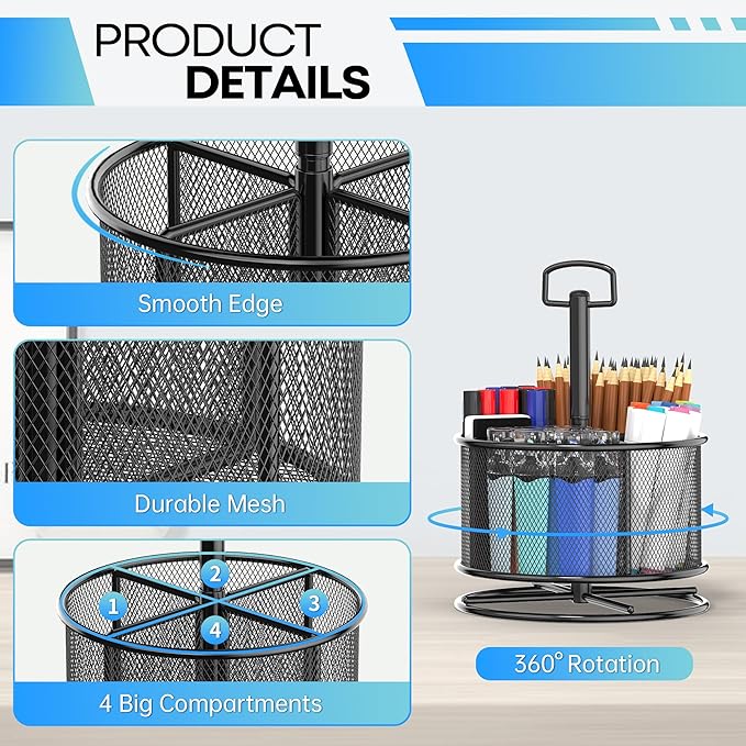 360-Degree Rotating Pen Holder for Desk, Mesh Pencil Organizer Multi-Functional Pen Holder, 4 Compartments Desktop Stationary Organizer, Home Office Black-DeskLoop Office