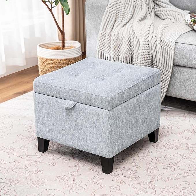 Adeco 18 Inch High Cube Ottoman Storage, Linen Chair Foot Stools, Upholstered Vanity Stool with Hinged Lid, Solid Wood Legs-DeskLoop Office