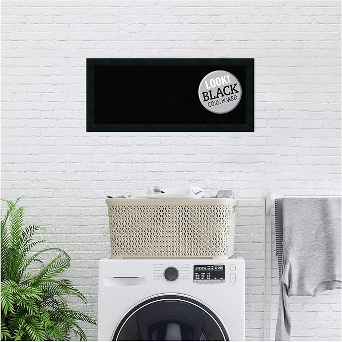Amanti Art Black Cork Board for Wall, 14x32 Vision Board with Black Wood Frame, Medium Corkboard Office Decor for Home Organization, Modern Contemporary Corkboard Pinboard to display items for home-DeskLoop Office
