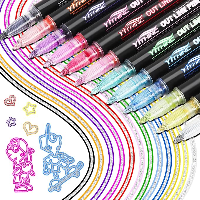 Outline Markers, 12 Metallic Shimmer Glitter Gel Pens, Tween Teen Girl Gifts by YITHINC