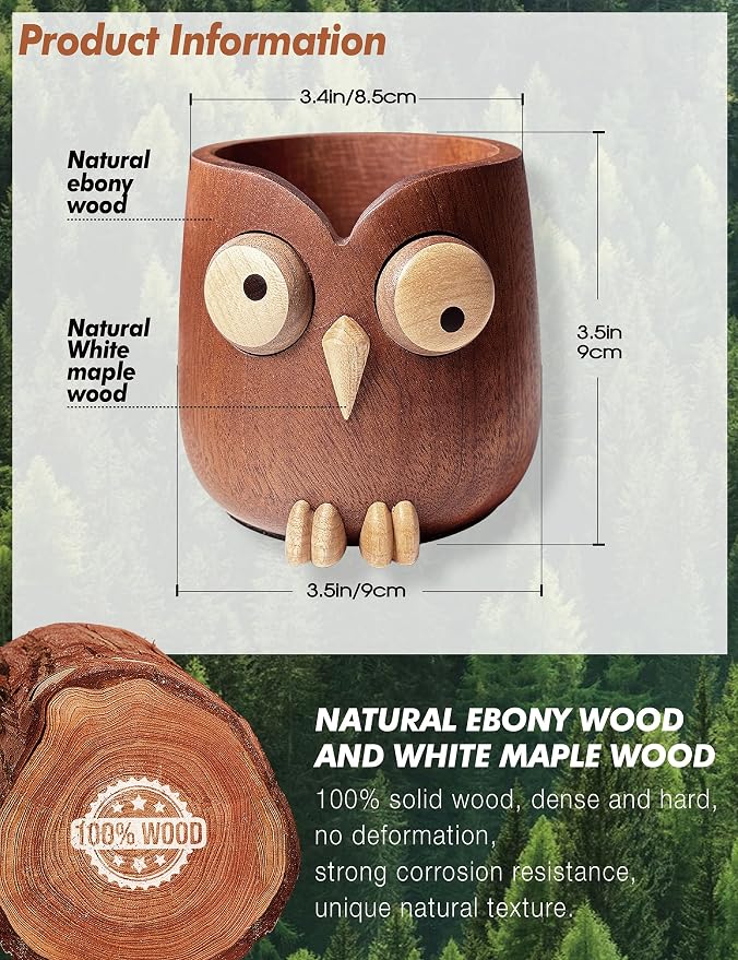 WODTILIFE Cute Owl Pen Holder for desk and walnut Phone Stand, Fun ebony pencil - Image 8