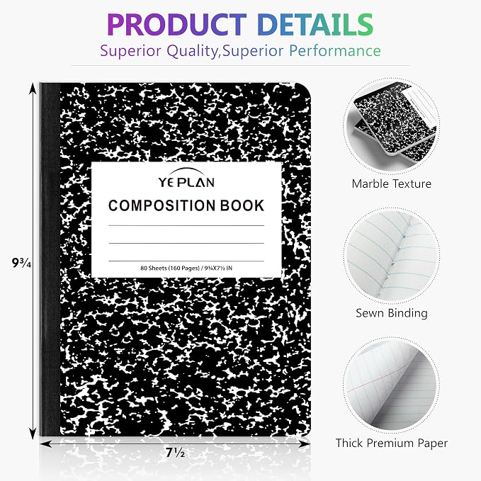 Yeplan Composition Notebooks 5 pack, Wide Ruled Notebook Paper, 9 3/4" x 7 1/2" - Image 2
