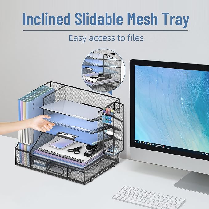 SUPEASY Desk Organizer with File Holder, 5-Tier Mesh Paper Letter Tray and 3 - Image 2