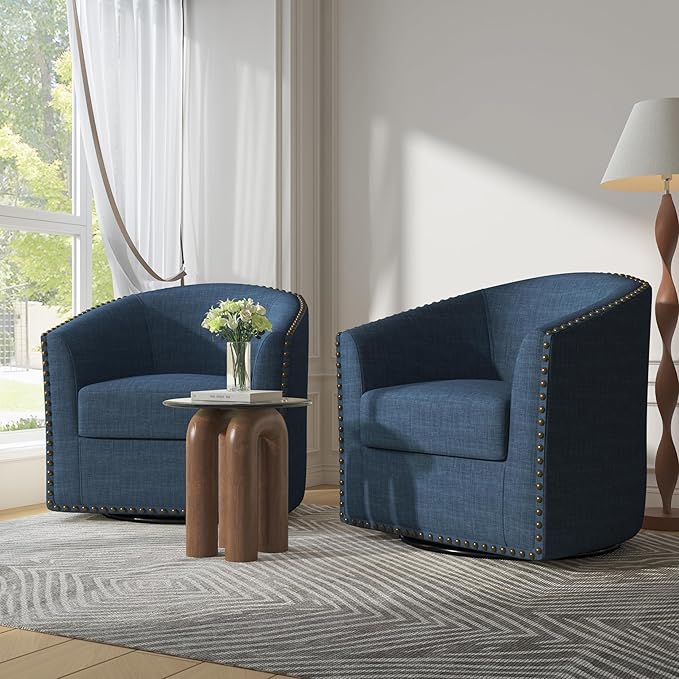 UIXE 360° Swivel Barrel Accent Chair Set of 2, Modern Upholstered Arm Chair Round Club Armchair, Nailhead Trim Single Sofa Seating in Fabric for Living Room - Blue-DeskLoop Office