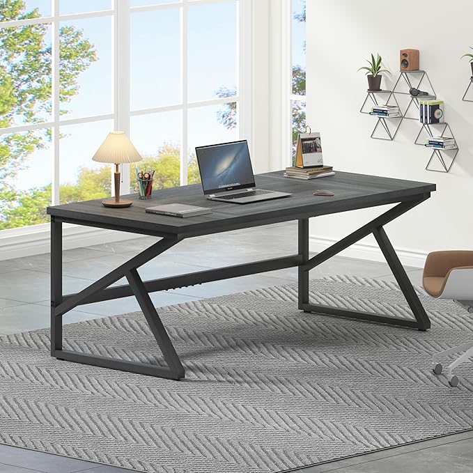 HSH Extra Long Computer Desk, Industrial Metal Wood Home Office Desk, Large PC Laptop Table for 2 Person Executive Writing Work Study Gaming, Bedroom Living Room Dual Monitor Desk, Dark Gray, 70 Inch-DeskLoop Office